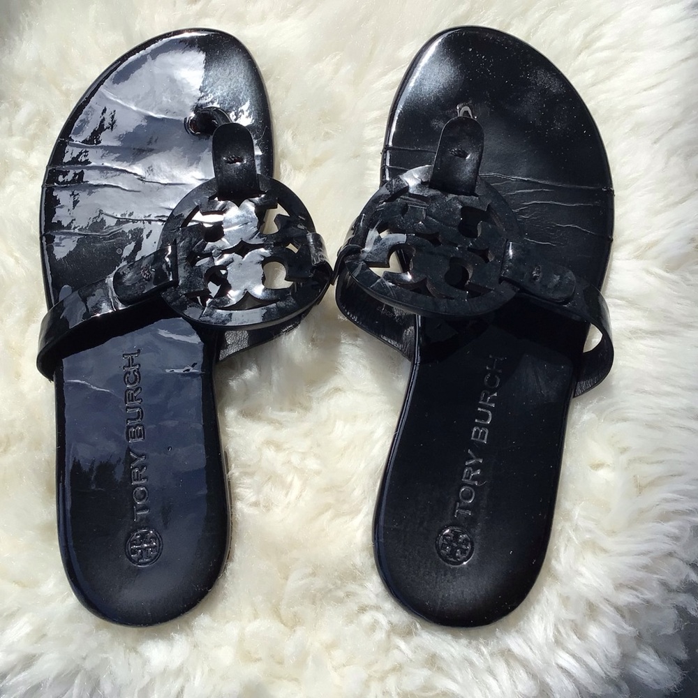Tory Burch Miller Black Patent Logo Thong Sandals with Double Stacked T Logo